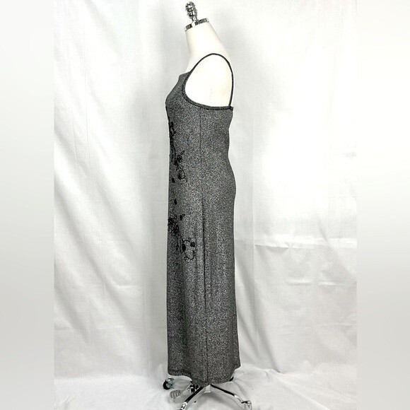Vintage Silver Maxi Slip Dress 90's Jr Sz 9/10 Beaded Metallic Sparkle Stretch - Picture 4 of 7